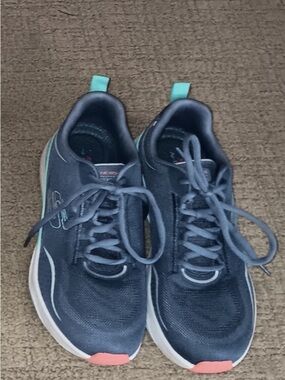 Skechers Women's Navy Blue Athletic Sneakers with Mint Accents and Coral Toe